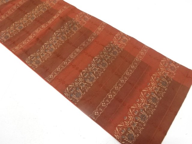  ふくれ織　横段に花更紗模様織り出し　全通袋帯